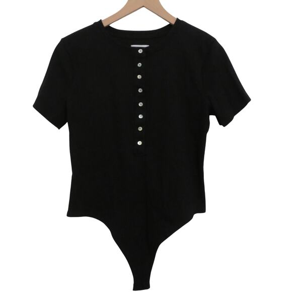 Every Womens Sz XL Black Short Sleeve Ribbed Button Front Bodysuit Top - Picture 1 of 6